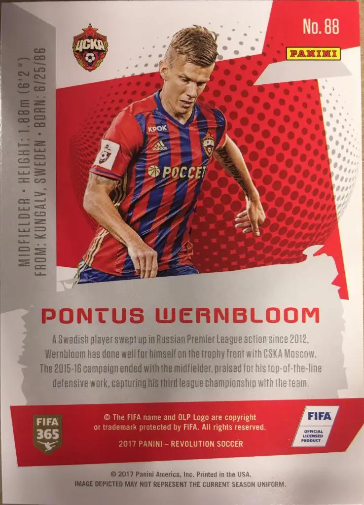 Футбол. Карточка Pontus Wernbloom/Понтус Вернблум ЦСКА Москва Panini/Панини 2017 1