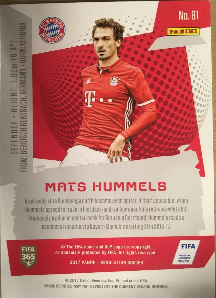 Футбол. Карточка Mats Hummels / Матс Хуммельс Бавария Мюнхен Panini/Панини 2017 1