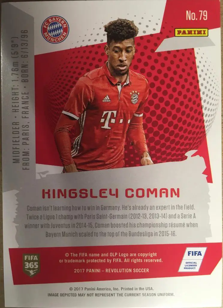 Футбол. Карточка Kingsley Coman/Кингсли Коман Бавария Мюнхен Panini/Панини 2017 1