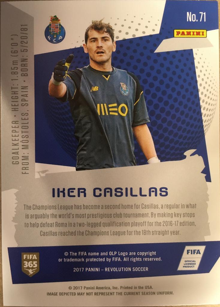 Футбол. Карточка Iker Casillas / Икер Касильяс Порту, Реал Мадрид Panini 2017 1
