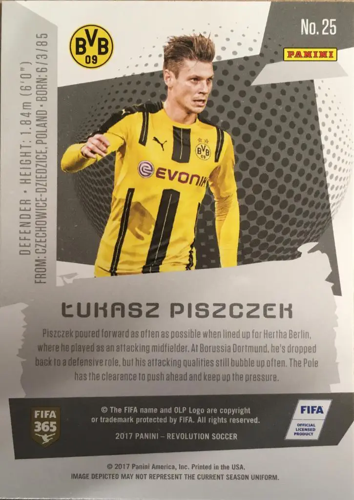 Футбол. Карточка Lukasz Piszczek / Лукаш Пищек Боруссия Дортмунд Panini 2017 1