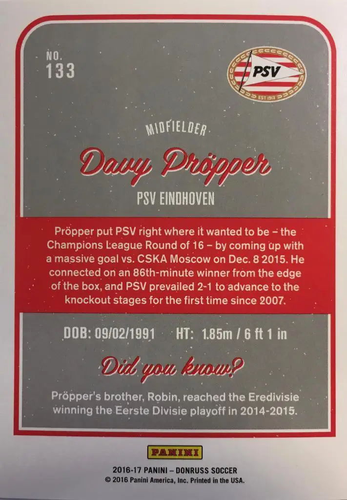 Футбол. Карточка Davy Propper / Дави Преппер ПСВ Panini/Панини 2016-17 1