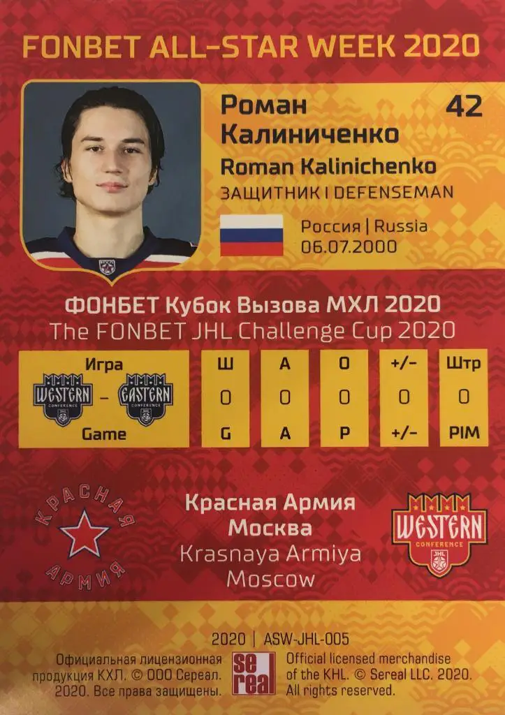 Хоккей Карточка Роман Калиниченко Красная Армия Москва МХЛ Неделя Звезд Хоккея 1