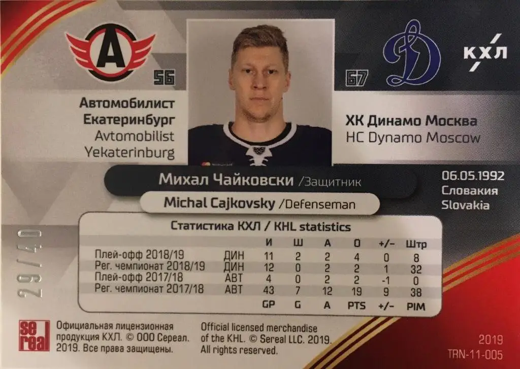 Хоккей. Карточка Михал Чайковски Автомобилист Екатеринбург - Динамо Москва КХЛ 1