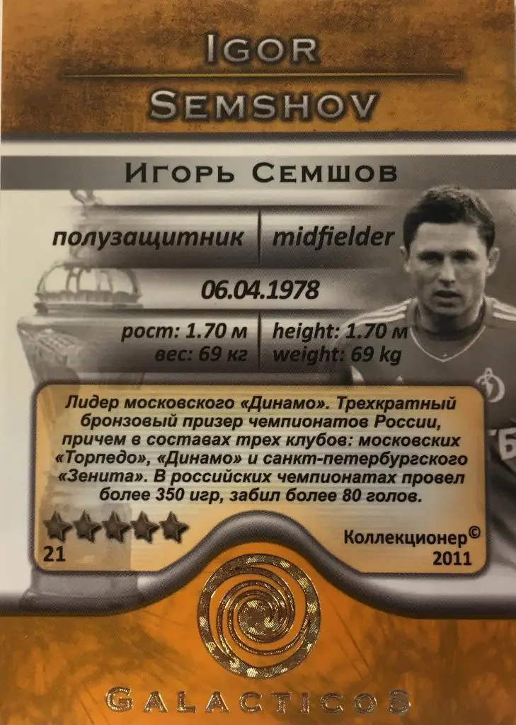 Футбол. Карточка Игорь Семшов Динамо Москва, ЦСКА,Торпедо, Зенит GalacticoS 2011 1