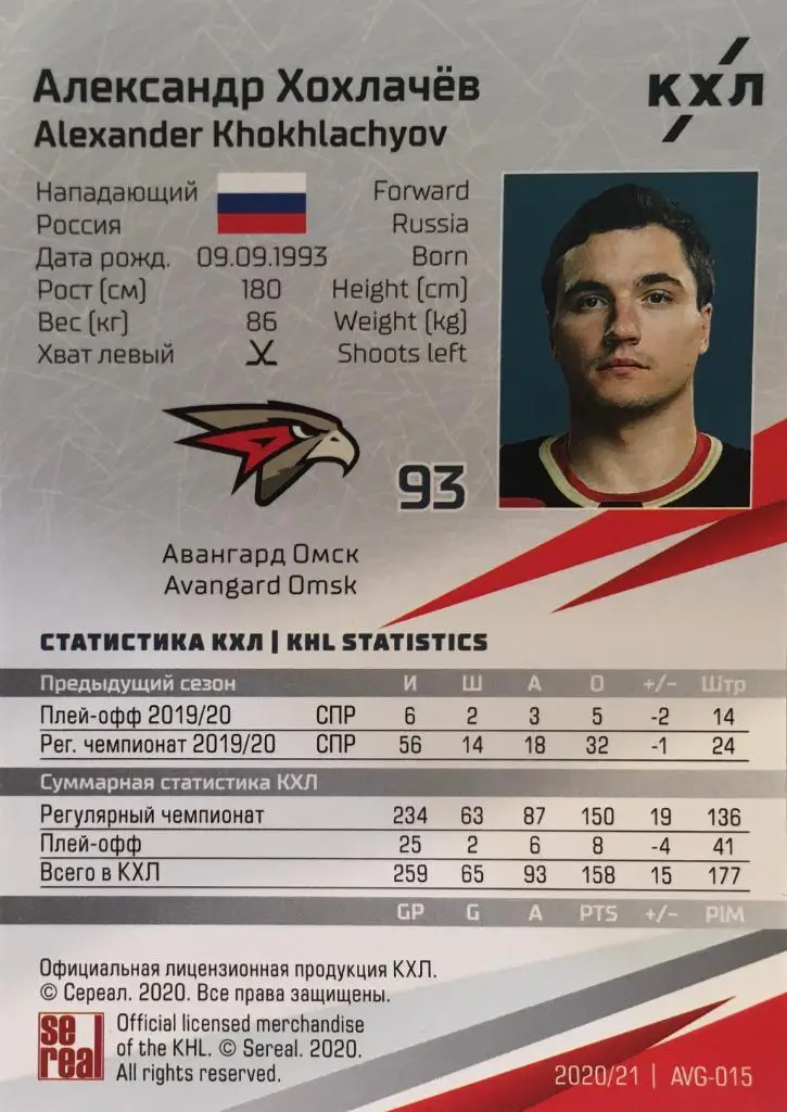 Хоккей. Карточка Александр Хохлачев Авангард Омск КХЛ/KHL сезон 2020/21 SeReal 1