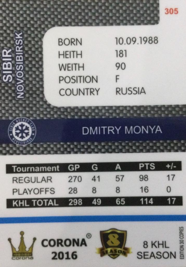Хоккей. Карточка Дмитрий Моня Сибирь Новосибирск КХЛ/KHL 8 сезон 2015/16 1