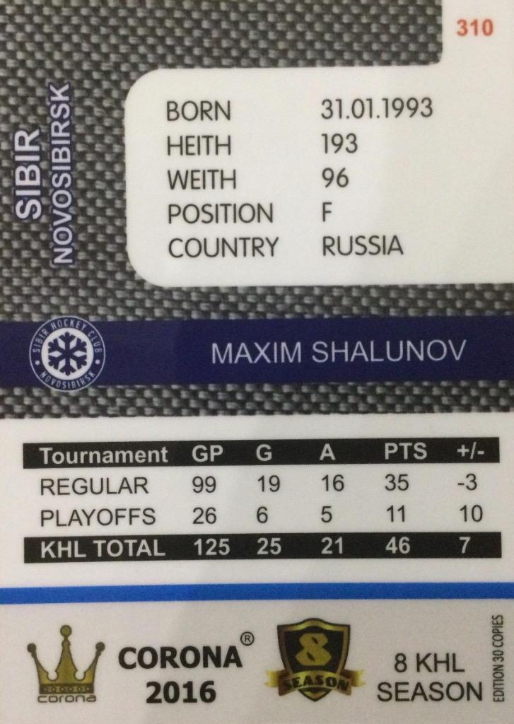 Хоккей. Карточка Максим Шалунов Сибирь Новосибирск КХЛ/KHL 8 сезон 2015/16 1