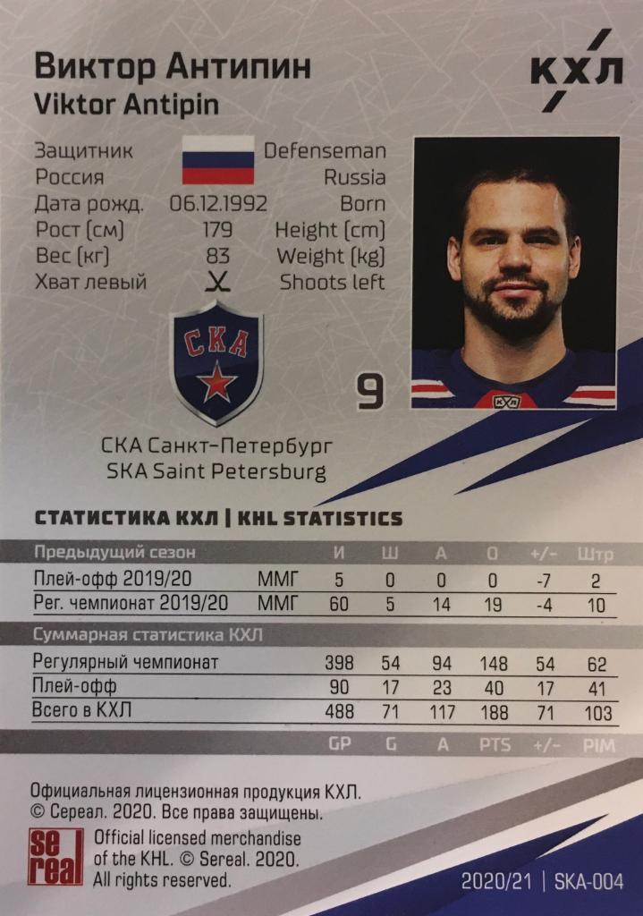 Хоккей. Карточка Виктор Антипин СКА Санкт-Петербург КХЛ/KHL сезон 2020/21 SeReal 1