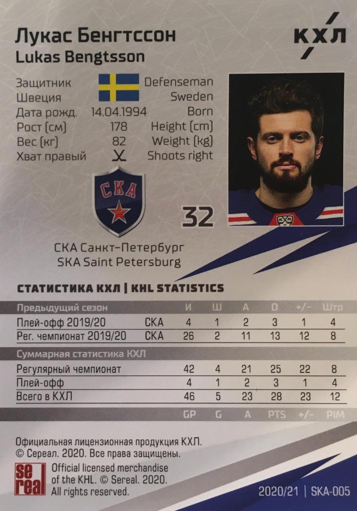 Хоккей Карточка Лукас Бенгтссон СКА Санкт-Петербург КХЛ/KHL сезон 2020/21 SeReal 1