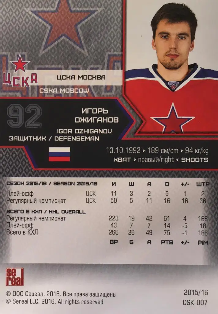 Хоккей. Карточка Игорь Ожиганов ЦСКА Москва КХЛ/KHL сезон 2015/16 SeReal 1
