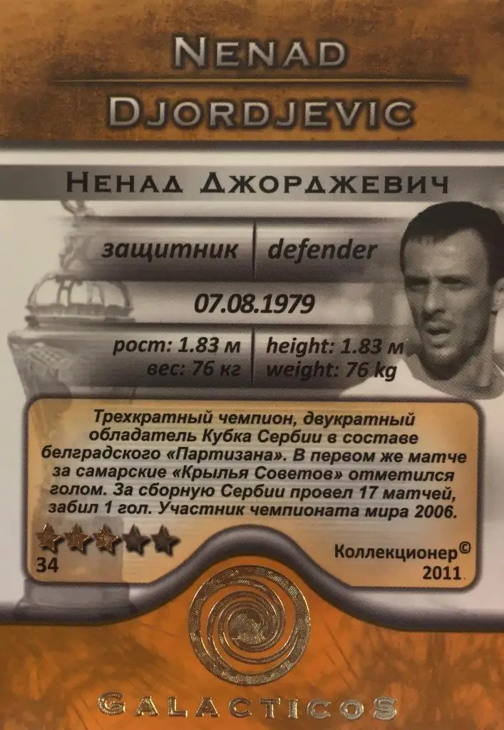 Футбол. Карточка Ненад Джорджевич Крылья Советов Самара,Партизан GalacticoS 2011 1