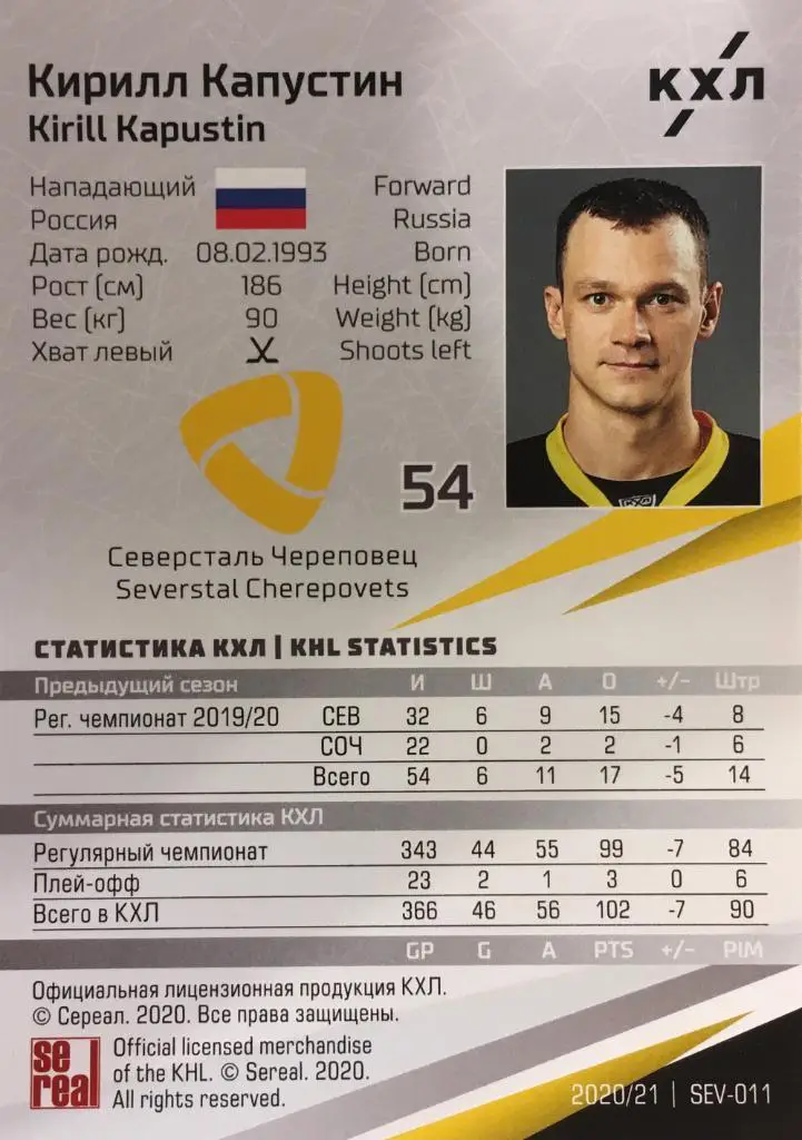 Хоккей. Карточка Кирилл Капустин Северсталь Череповец КХЛ сезон 2020/21 SeReal 1