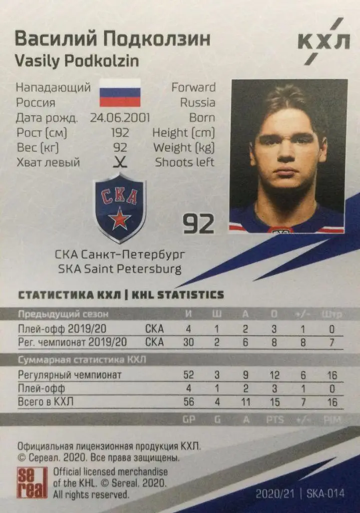 Хоккей. Карточка Василий Подколзин СКА Санкт-Петербург КХЛ сезон 2020/21 SeReal 1