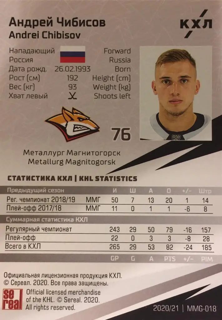 Хоккей. Карточка Андрей Чибисов Металлург Магнитогорск КХЛ/KHL сезон 2020/21 1