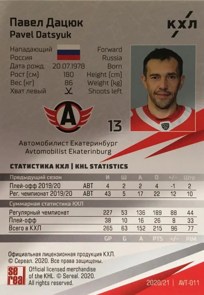 Хоккей. Карточка Павел Дацюк Автомобилист Екатеринбург КХЛ сезон 2020/21 SeReal 1