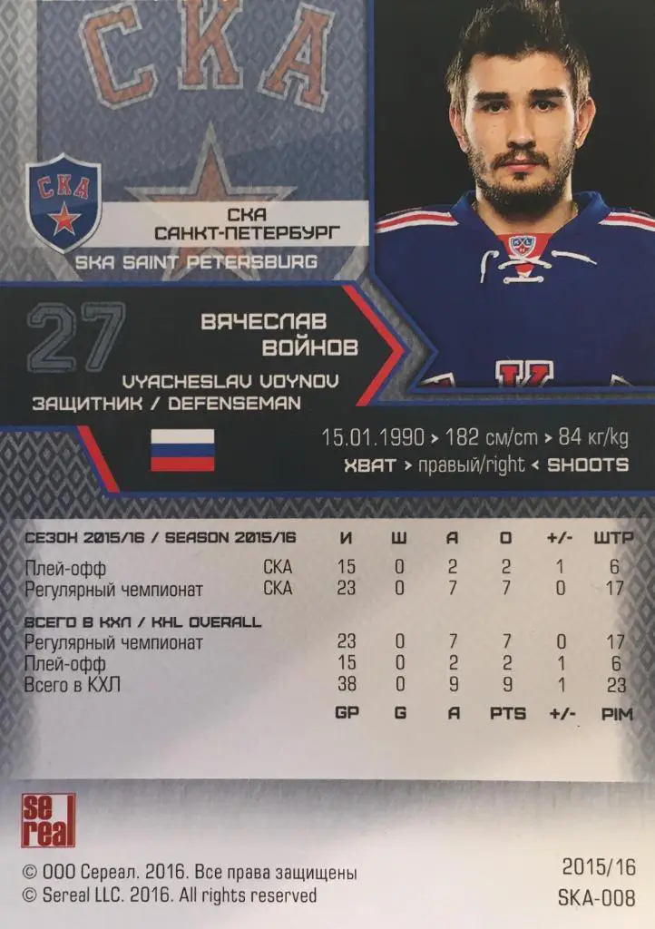 Хоккей Карточка Вячеслав Войнов Ска Санкт-Петербург КХЛ/KHL сезон 2015/16 SeReal 1
