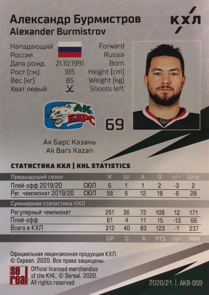 Хоккей Карточка Александр Бурмистров Ак барс Казань КХЛ/KHL сезон 2020/21 SeReal 1