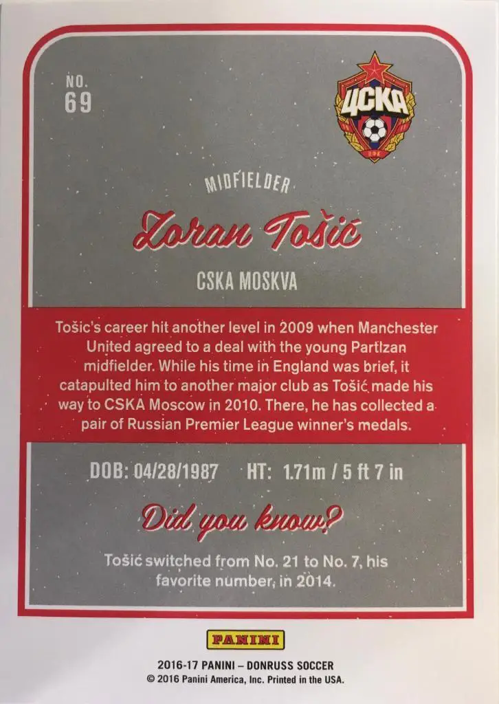 Футбол. Карточка Zoran Tosic / Зоран Тошич ЦСКА Москва Panini/Панини 2016-17 1