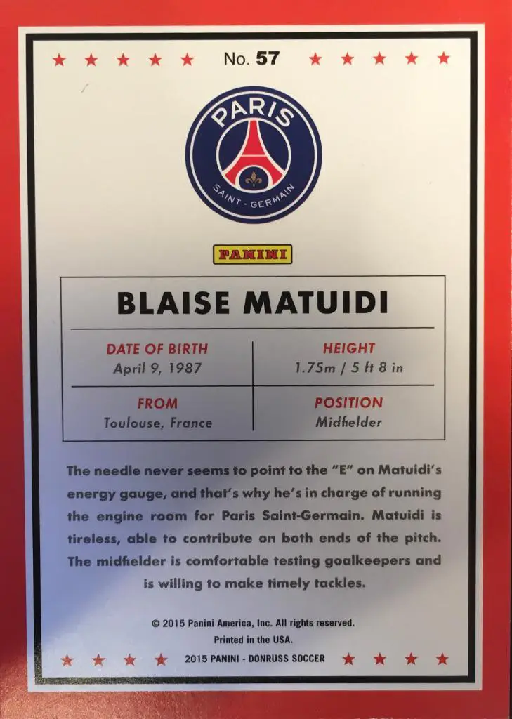 Футбол. Карточка Blaise Matuidi/Блез Матюиди Пари Сен-Жермен Panini/Панини 2015 1