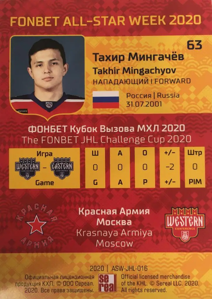 Хоккей. Карточка Тахир Мингачев Красная Армия Москва МХЛ Неделя Звезд Хоккея 1
