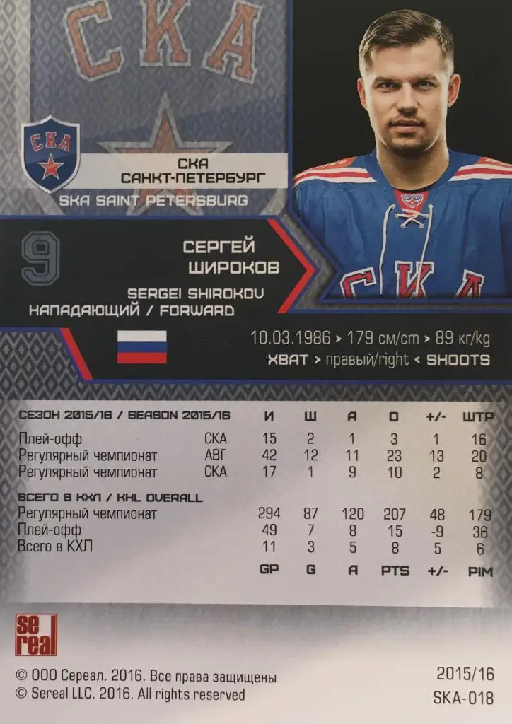 Хоккей. Карточка Сергей Широков СКА Санкт-Петербург КХЛ/KHL сезон 2015/16 SeReal 1