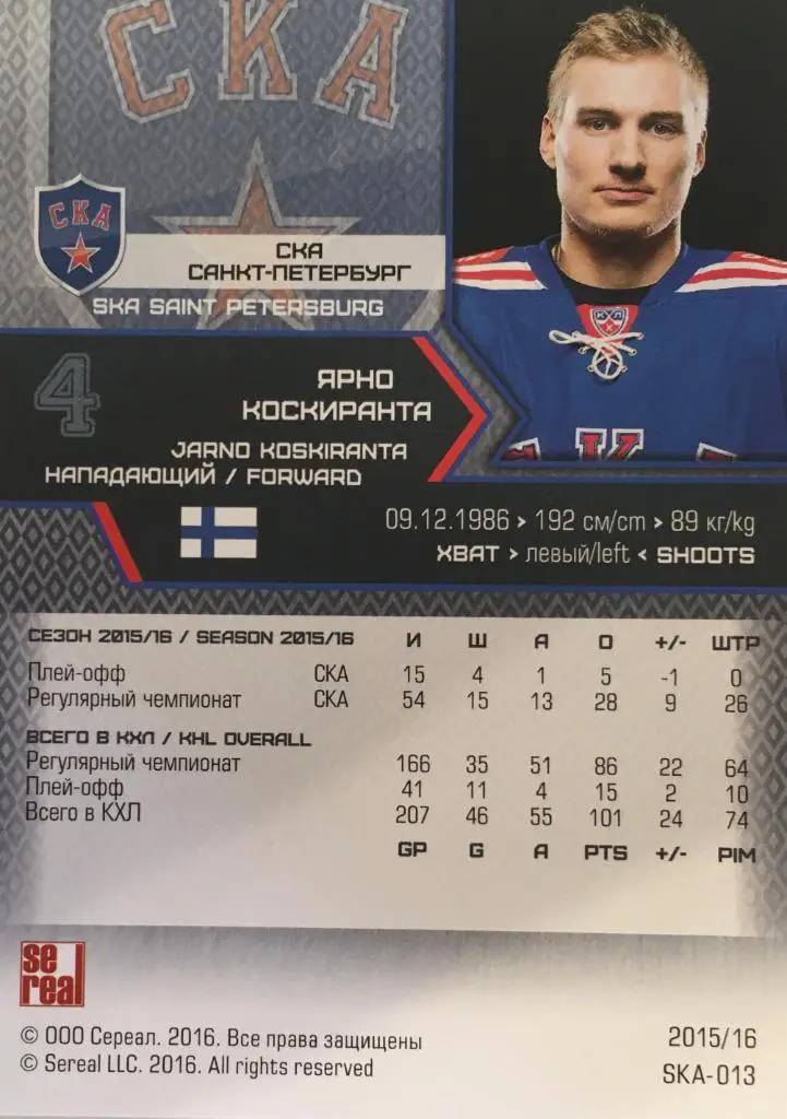 Хоккей Карточка Ярно Коскиранта Ска Санкт-Петербург КХЛ/KHL сезон 2015/16 SeReal 1