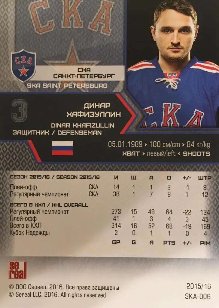 Хоккей. Карточка Динар Хафизуллин Ска Санкт-Петербург КХЛ сезон 2015/16 SeReal 1