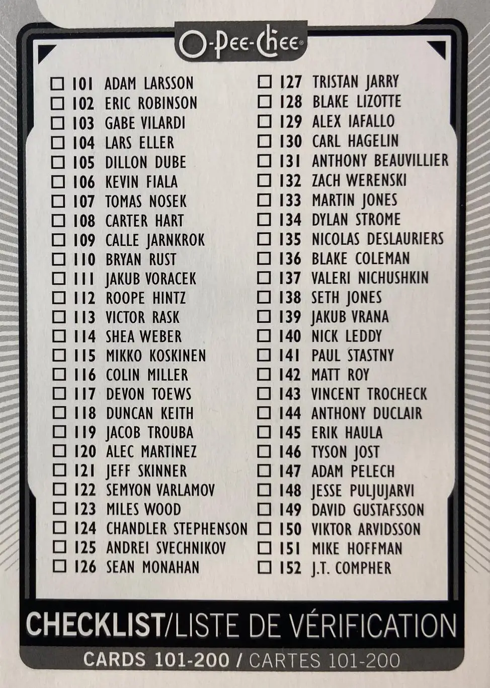 Хоккей. Карточка Checklist Card НХЛ/NHL - чеклист O-pee-chee