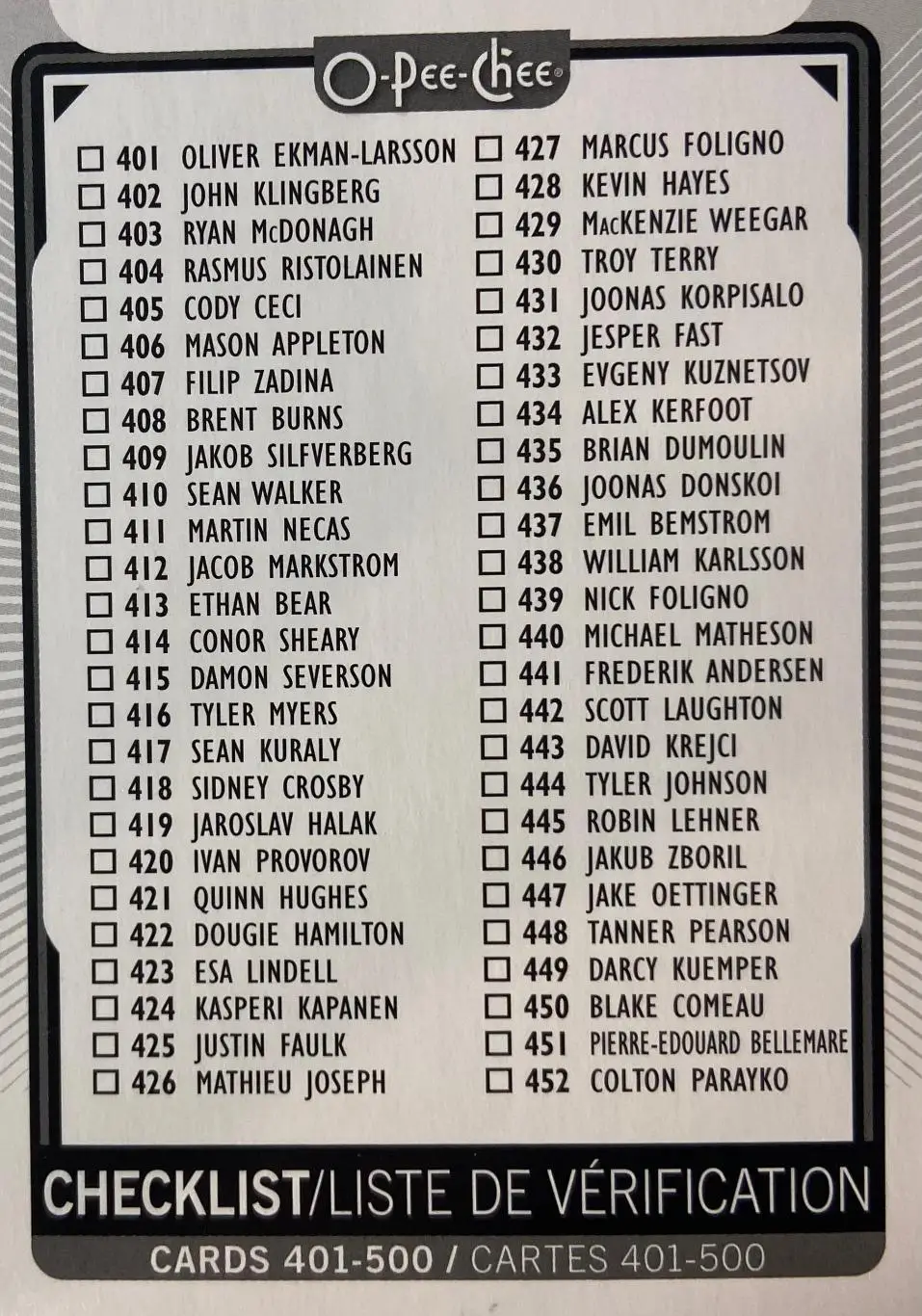 Хоккей. Карточка Checklist Card НХЛ/NHL - чеклист O-pee-chee