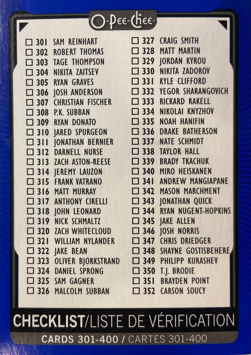 Хоккей. Карточка Checklist Card НХЛ/NHL - чеклист O-pee-chee 2021/22