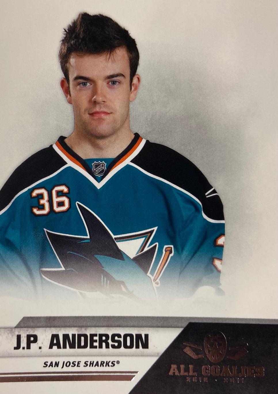 Хоккей. Карточка J.P. Anderson-Андерсон San Jose Sharks - Сан-Хосе Шаркс НХЛ/NHL