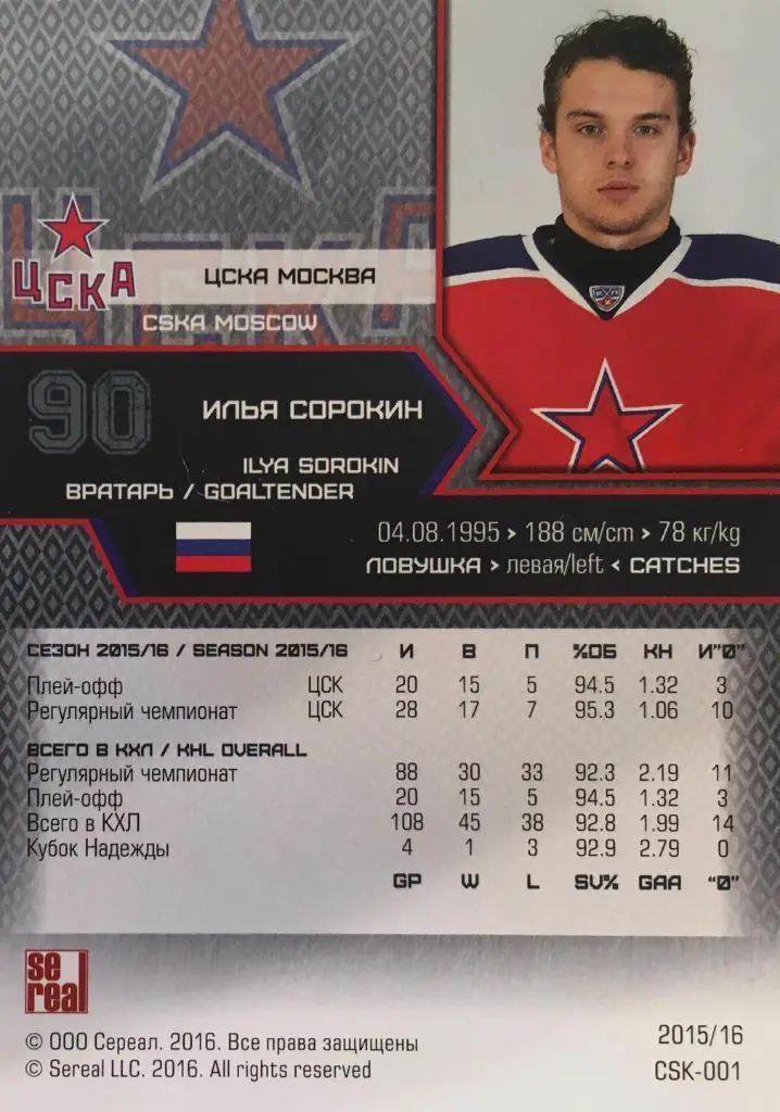Хоккей. Карточка Илья Сорокин ЦСКА Москва КХЛ/KHL сезон 2015/16 SeReal 1