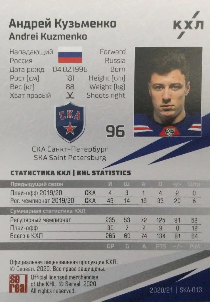 Хоккей. Карточка Андрей Кузьменко СКА Санкт-Петербург КХЛ сезон 2020/21 SeReal 1