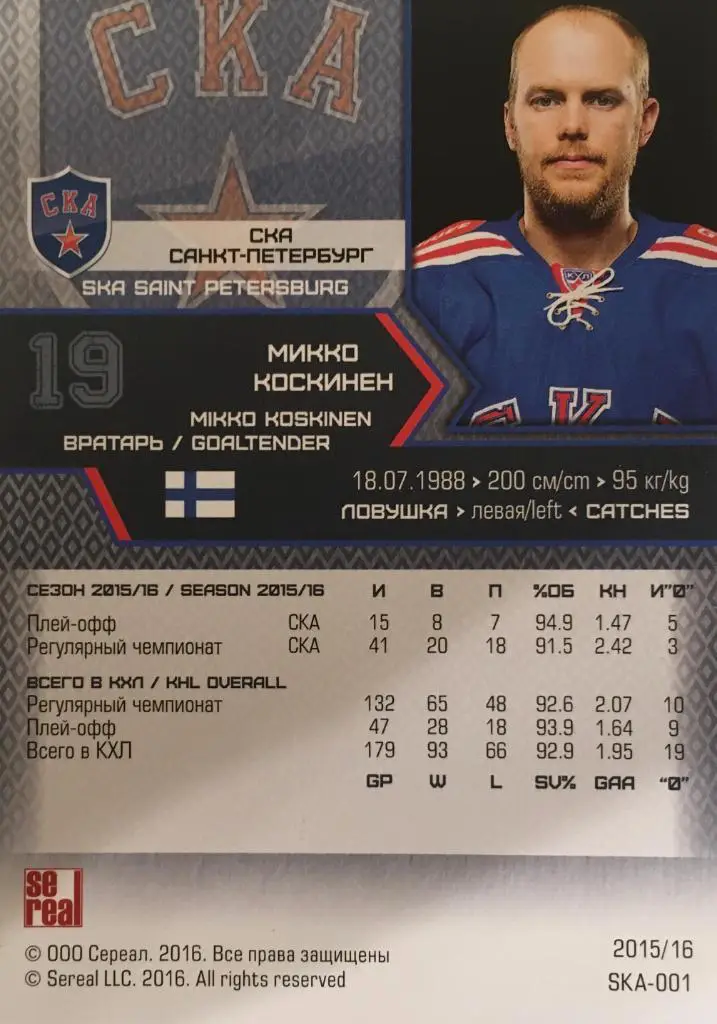 Хоккей. Карточка Микко Коскинен Ска Санкт-Петербург КХЛ/KHL сезон 2015/16 SeReal 1