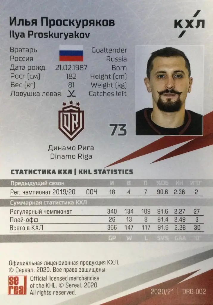 Хоккей. Карточка Илья Проскуряков Динамо Рига КХЛ/KHL сезон 2020/21 SeReal 1