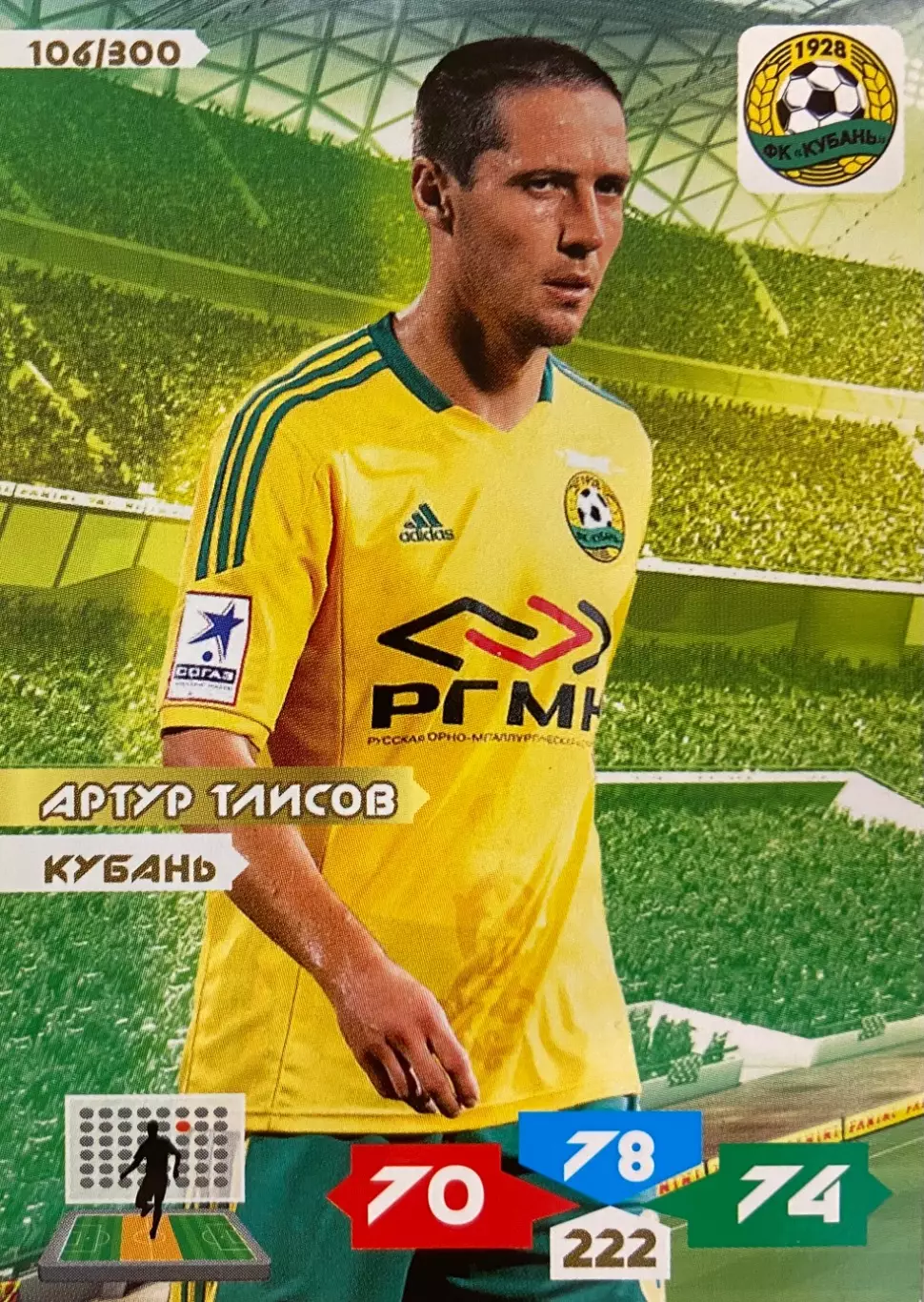 Футбол. Карточка Артур Тлисов Кубань Краснодар, ЦСКА, Черноморец Panini РФПЛ