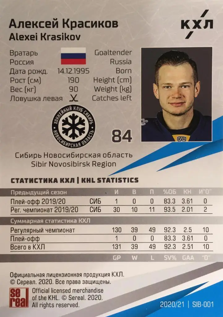 Хоккей. Карточка Алексей Красиков Сибирь Новосибирск КХЛ сезон 2020/21 SeReal 1