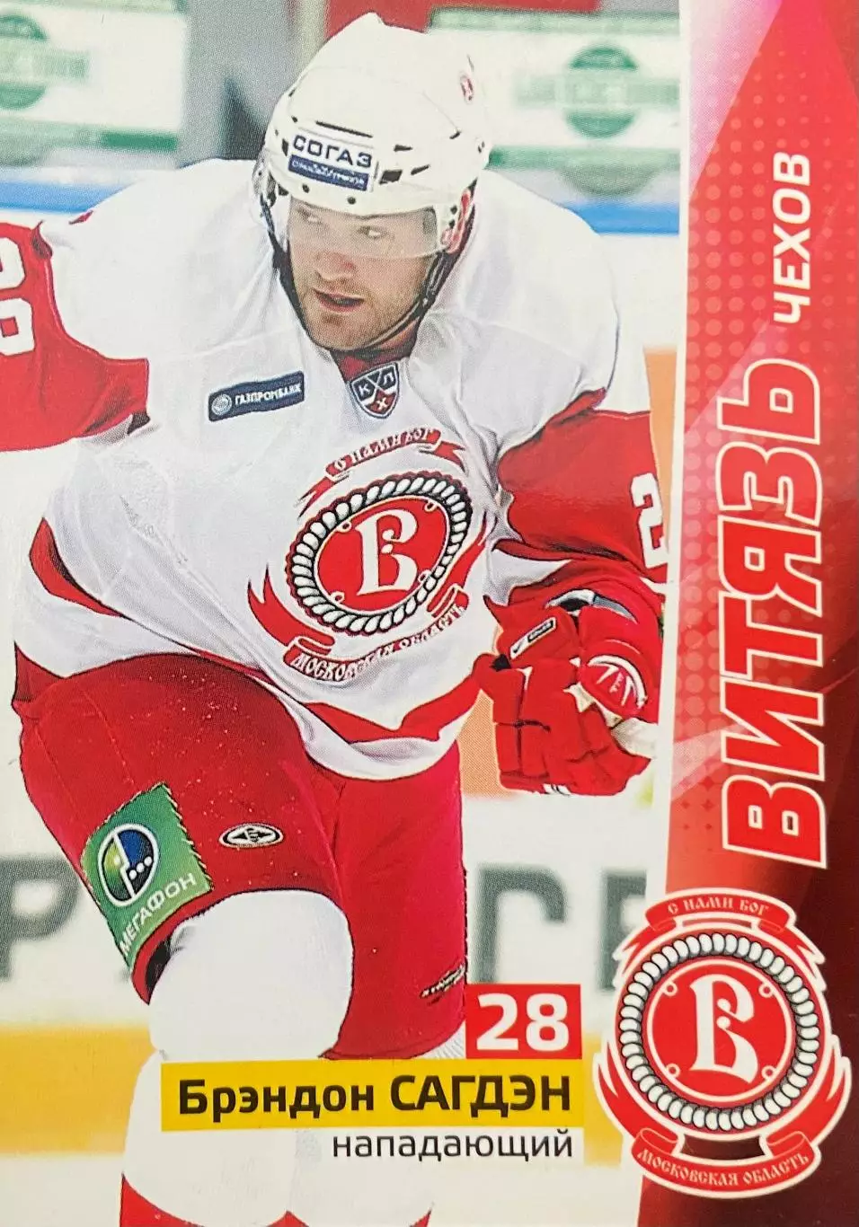 Хоккей. Карточка Брэндон Сагдэн Витязь Чехов КХЛ/KHL сезон 2010/11