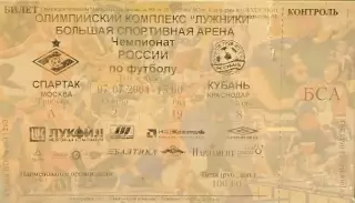 Спартак Москва - Кубань Краснодар 7 июля 2004 (билет - контроль)