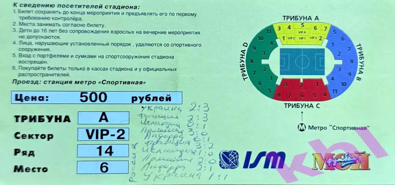 Россия - Украина 9 октября 1999 (билет) Без перегиба! Категория билета VIP 1