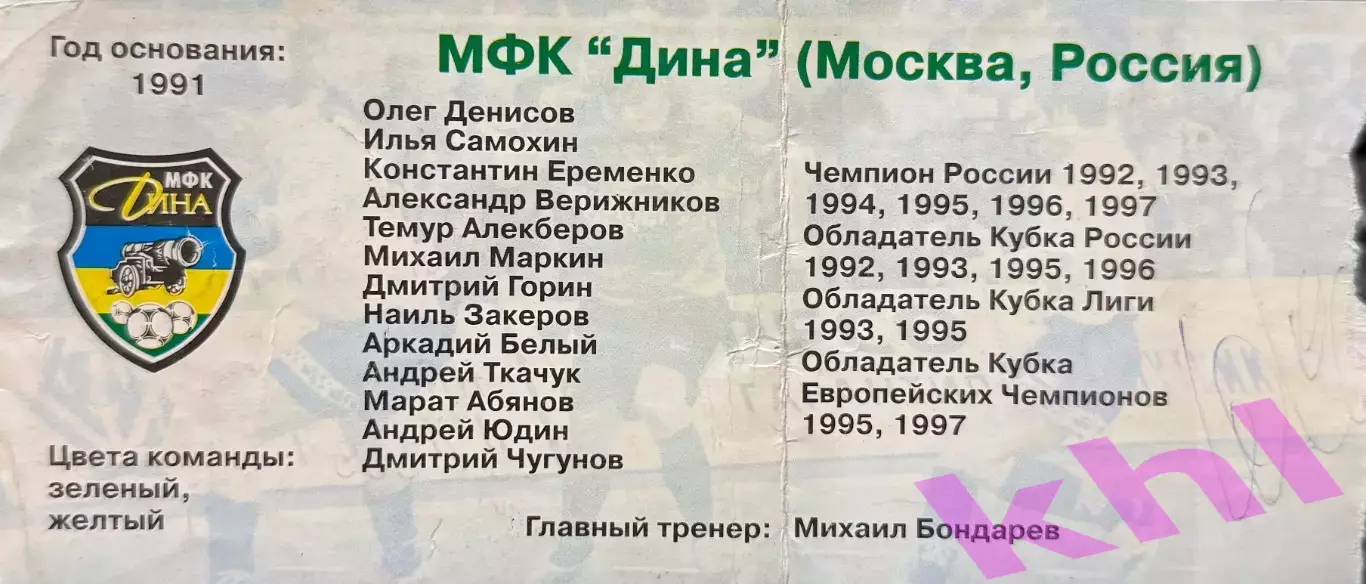 Дина Москва - Интер Ульбра Бразилия 9 октября 1997 (билет)Автографы 1