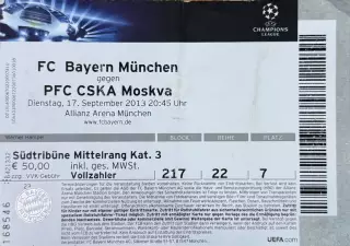 Бавария Мюнхен Германия - ЦСКА Москва 17 сентября 2013 (билет) Лига Чемпионов