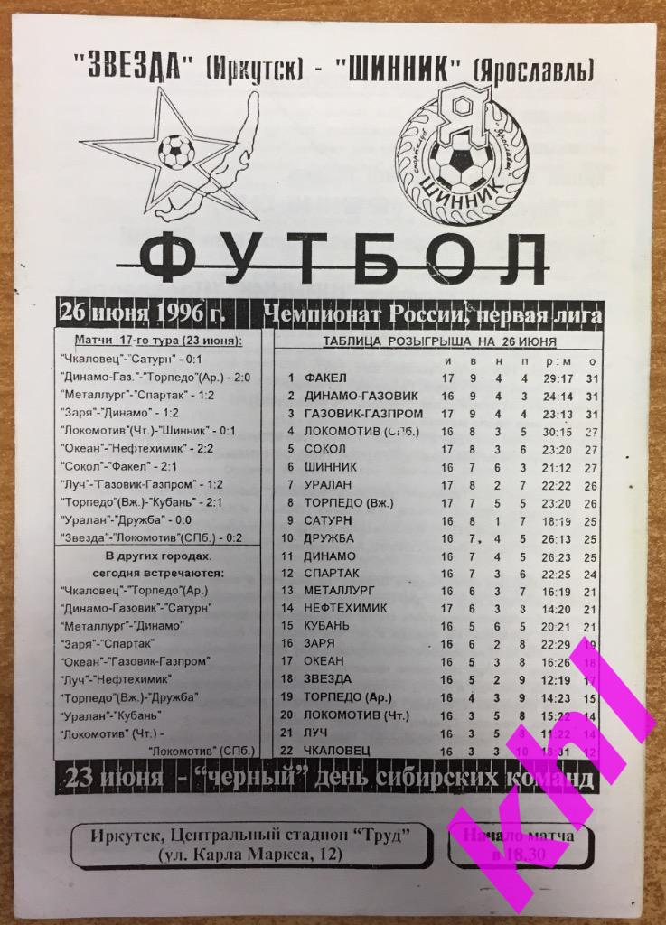 Звезда Иркутск - Шинник Ярославль 26 июля 1996