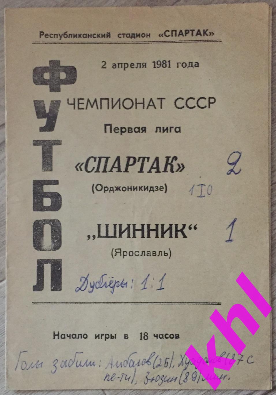 Спартак Орджоникидзе - Шинник Ярославль 2 апреля 1981