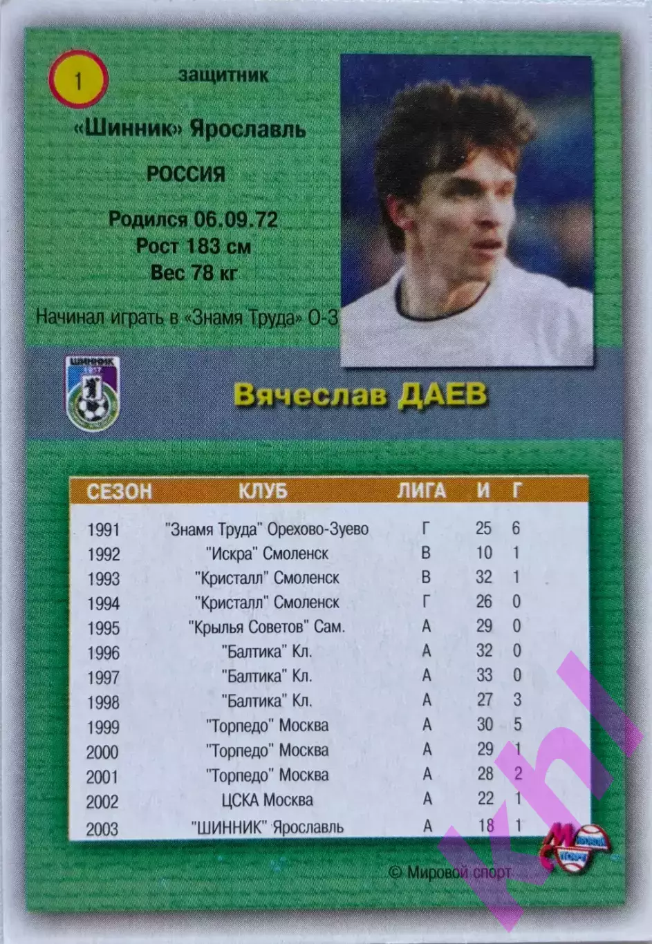 Вячеслав Даев Шинник Ярославль (премьер-лига 2003) карточка Мировой спорт 1
