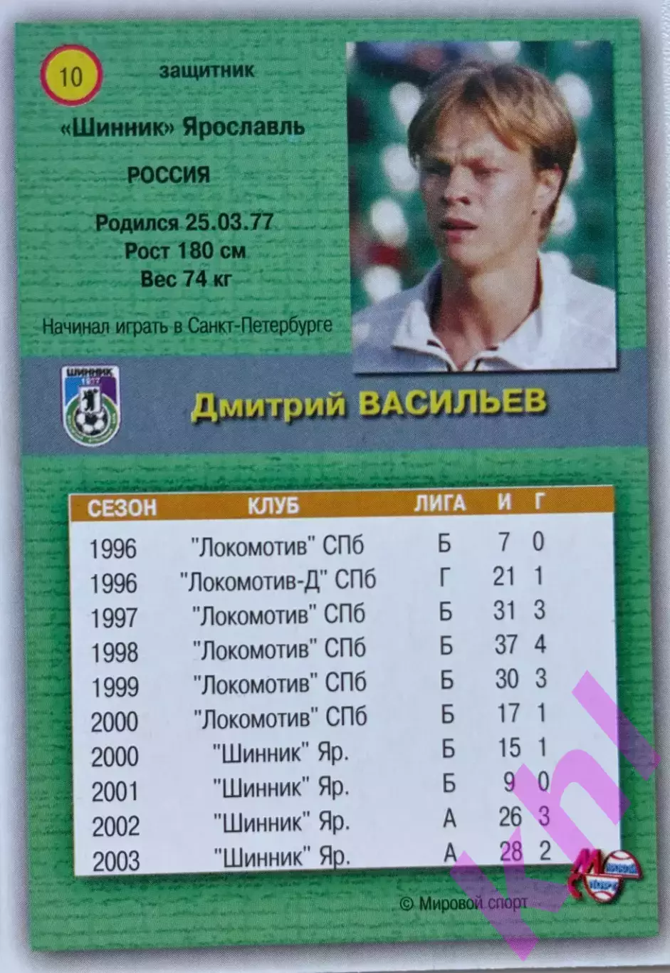 Дмитрий Васильев Шинник Ярославль (премьер-лига 2003) карточка Мировой спорт 1