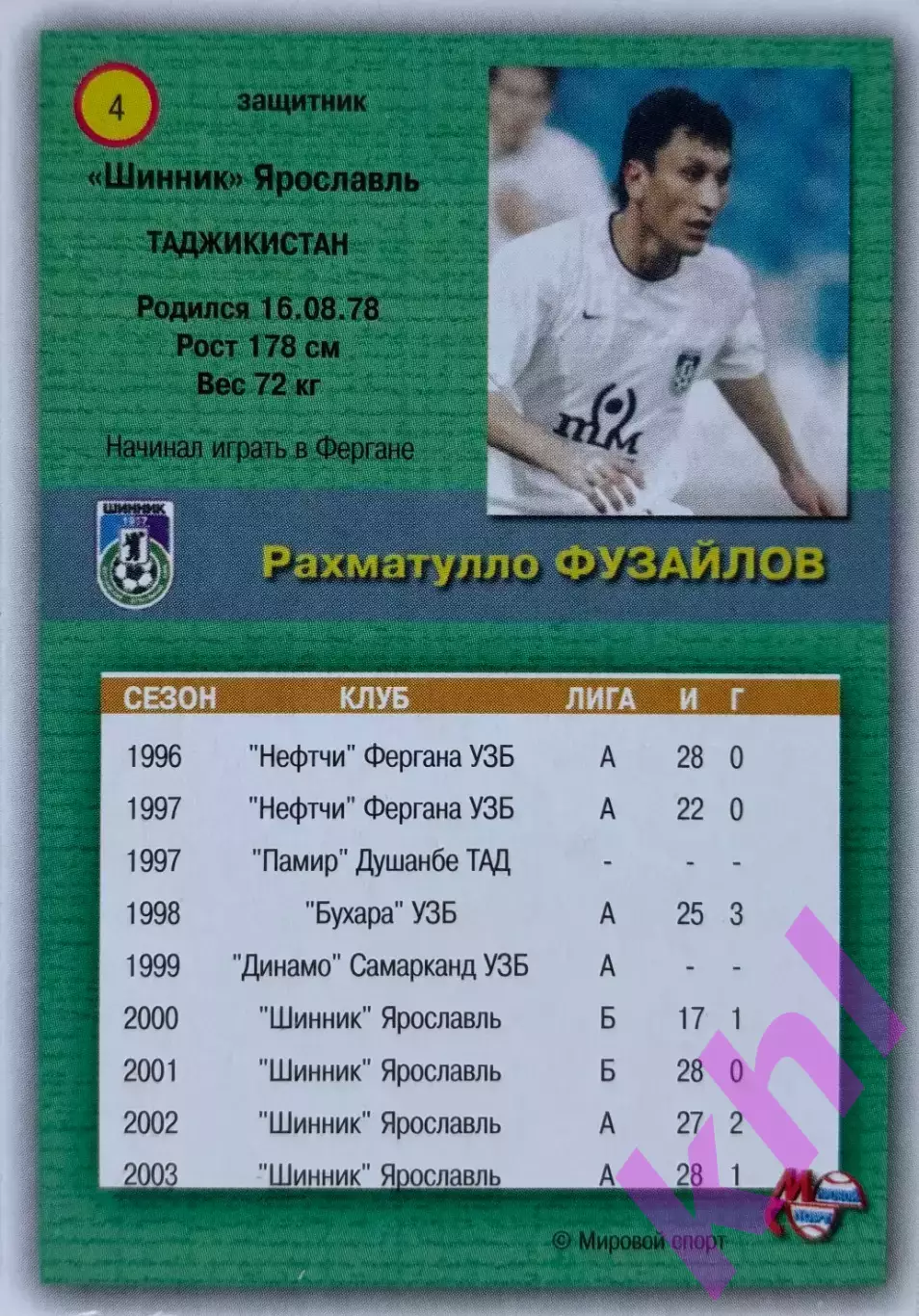 Рахматулло Фузайлов Шинник Ярославль (премьер-лига 2003) карточка Мировой спорт 1