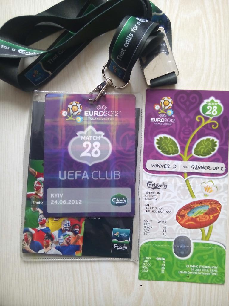 Бейдж с лентой и билет ЕВРО 2012 на матч Англия Италия 24.06.2012 год 2