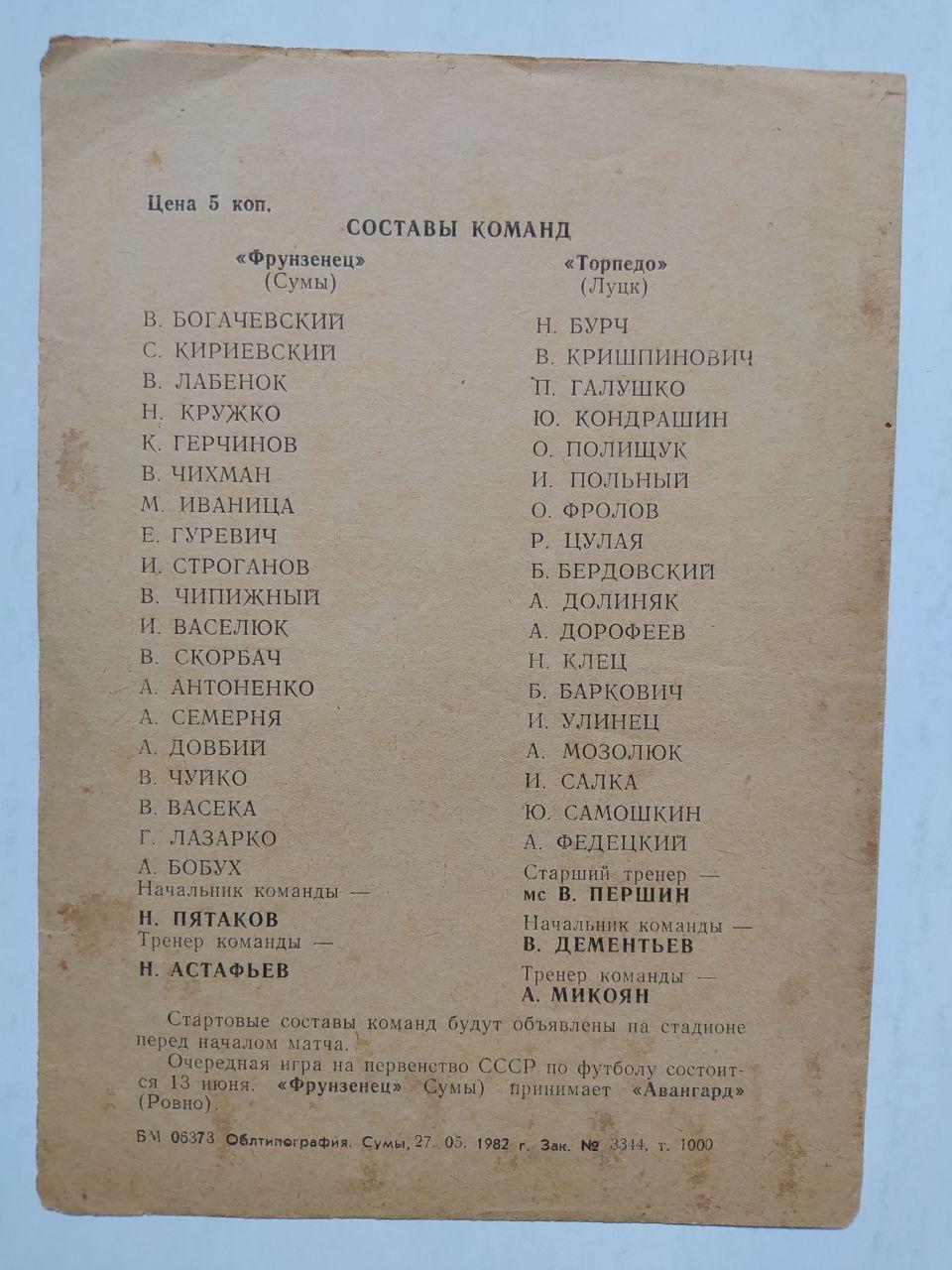 Фрунзенец Сумы Торпедо Луцк первенство СССР по футболу 2 лига 10.06.1982 год 1